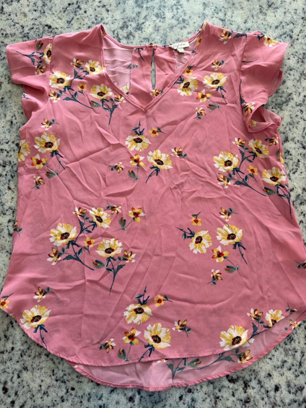 Lily White Pink Floral V-Neck Ruffle Sleeve Blouse